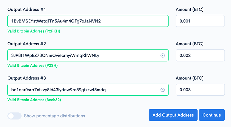 Outputs Screen with some example outgoing Bitcoin Addresses