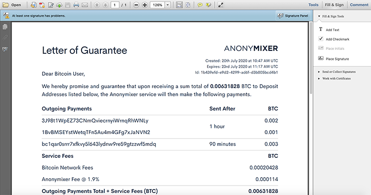 Screenshot of a Signed PDF Document, with Anonymixer's Signing Certificate that's not yet trusted