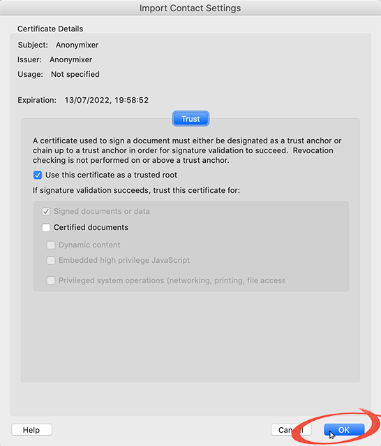 Trusting Anonymixer's Signing Certificate (Import Contact Settings Window)